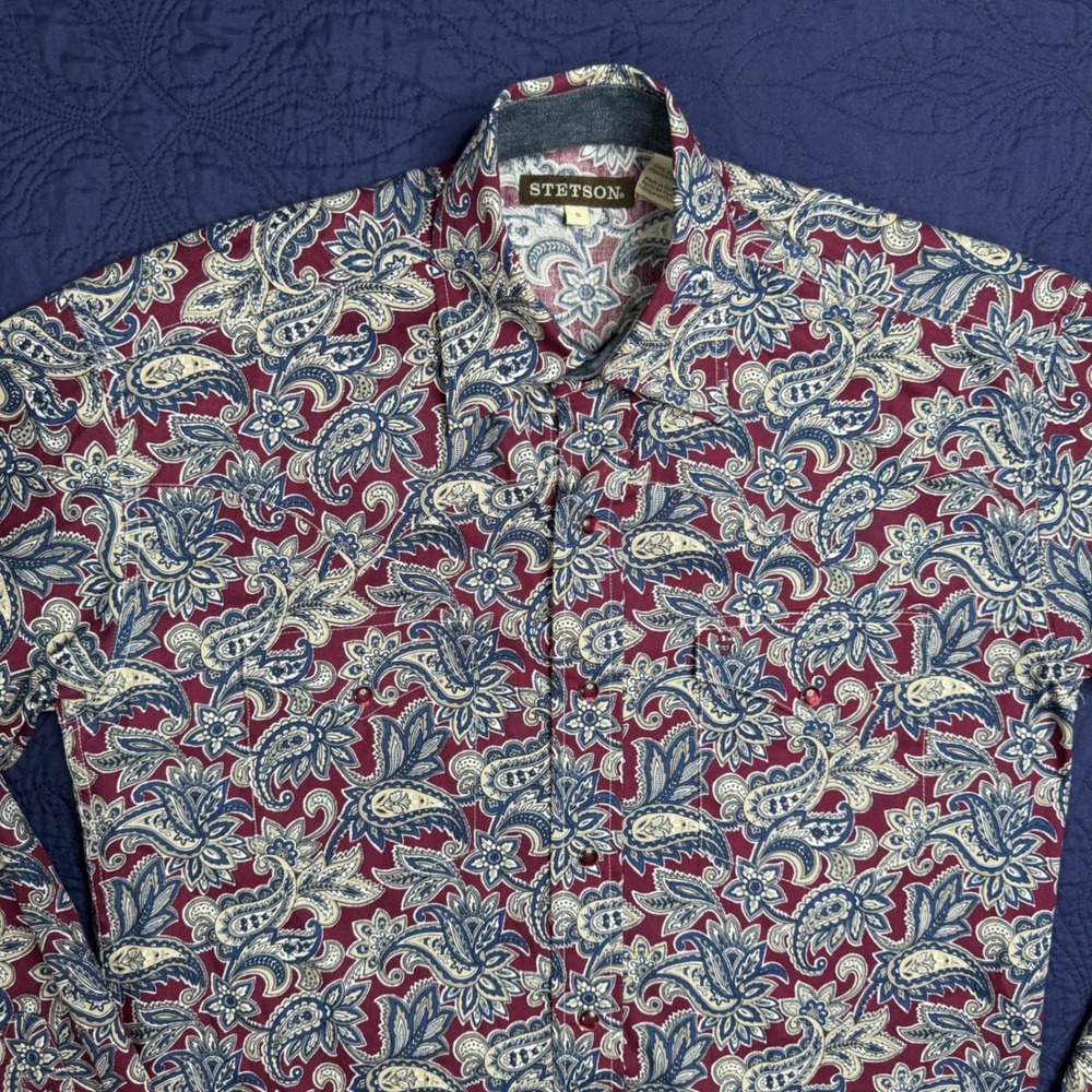 Stetson Mens Small Paisley Western Snap Shirt Burgundy Blue Cotton Long Sleeve
